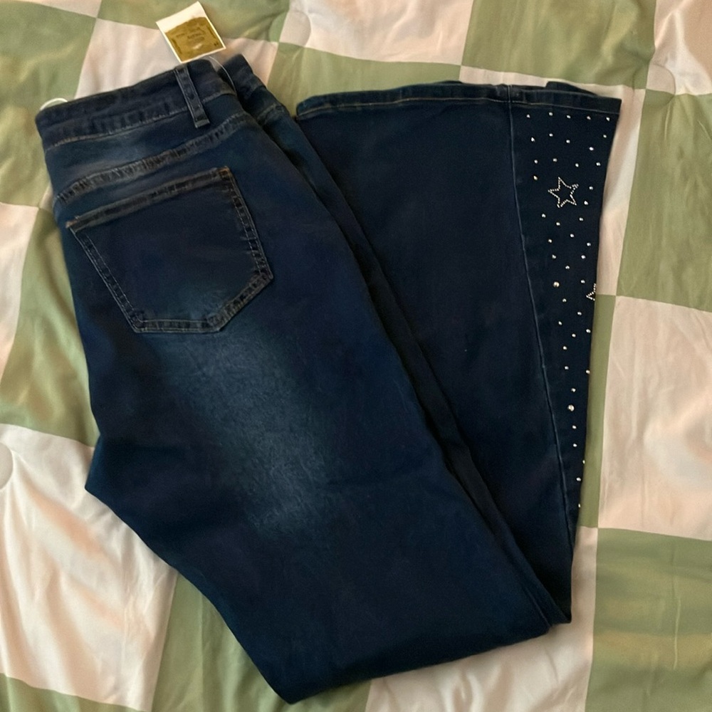 Bamboo flare jeans 13 new rhinestones stars dark denim